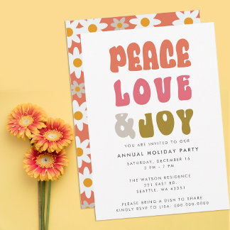 Colorful Retro Groovy Peace Love Joy Holiday Invitation