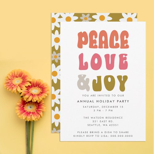 Colorful Retro Groovy Peace Love Joy Holiday Invitation