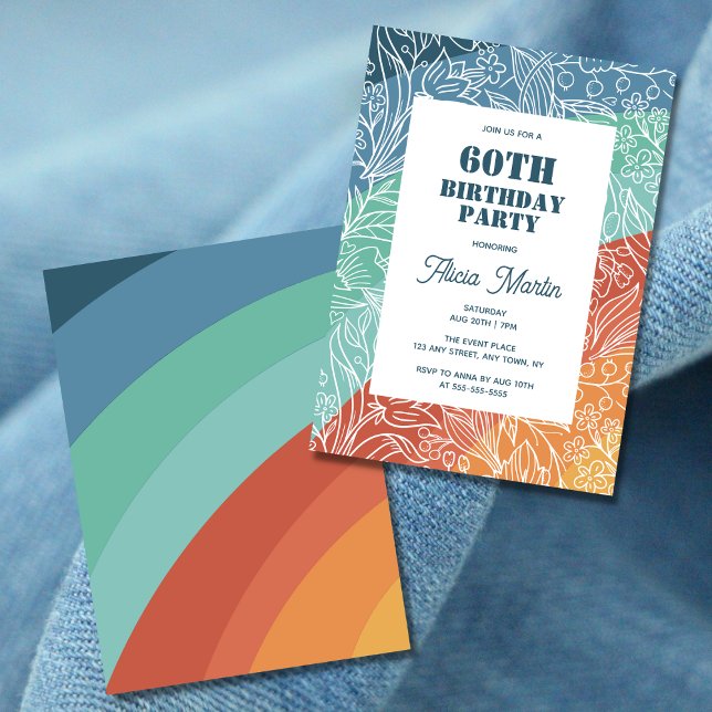 Colorful Retro Groovy Rainbow Floral 60th Birthday Invitation (Creator Uploaded)