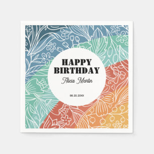 Colorful Retro Groovy Rainbow Floral Birthday Napkins