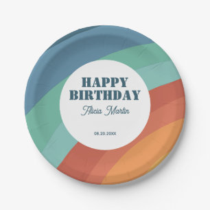 Colorful Retro Groovy Rainbow Happy Birthday Paper Plates