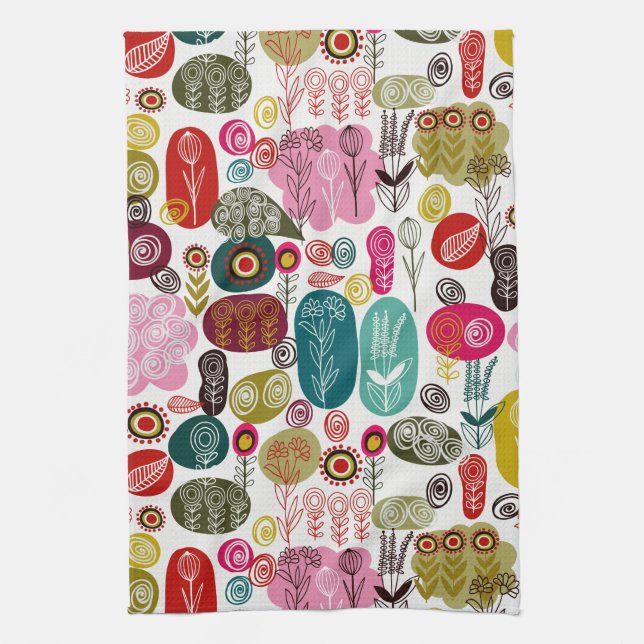 Colorful Retro Hand Drawn Flowers Illustration Kitchen Towel (Vertical)