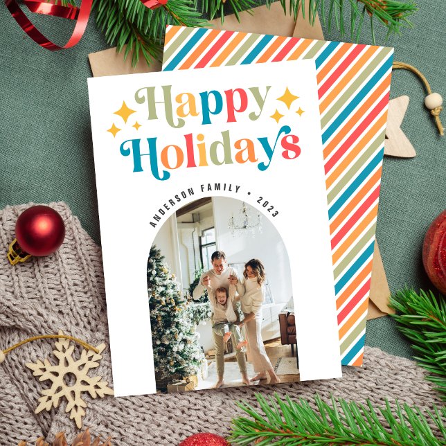 Colorful Retro Happy Holidays Christmas Photo Holiday Card (Creator Uploaded)