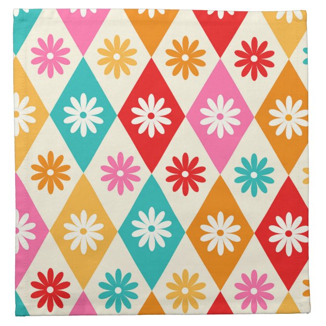 Colorful Retro Harlequin Diamonds and Flowers Cloth Napkin (Front)