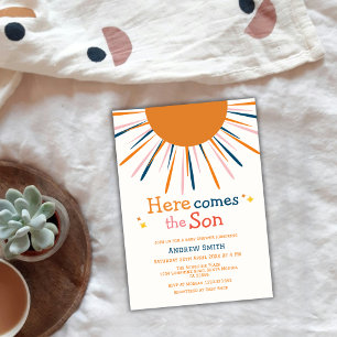 Colorful Retro Here Comes The Son Baby Shower Invitation
