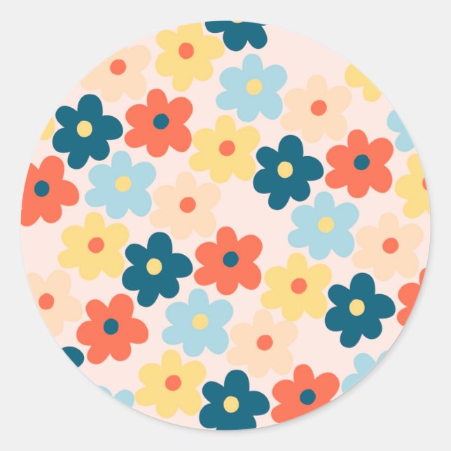 Colorful Retro Hippie Flower Pattern Classic Round Sticker (Front)