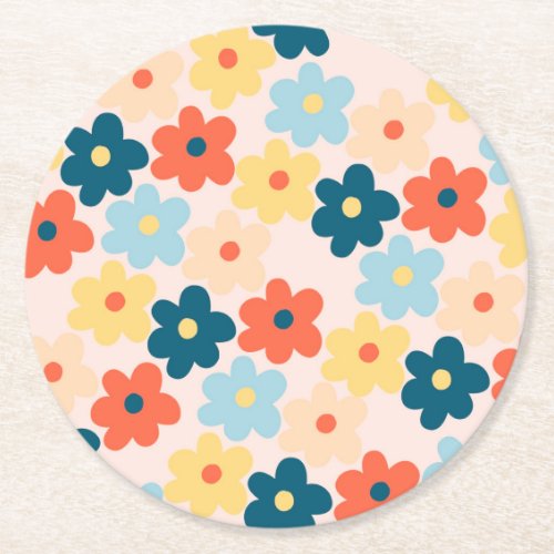 Colorful Retro Hippie Flower Pattern Round Paper Coaster