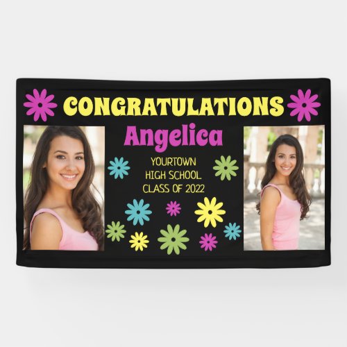 Colorful Retro Hippie Flowers 2 Photo Graduation  Banner