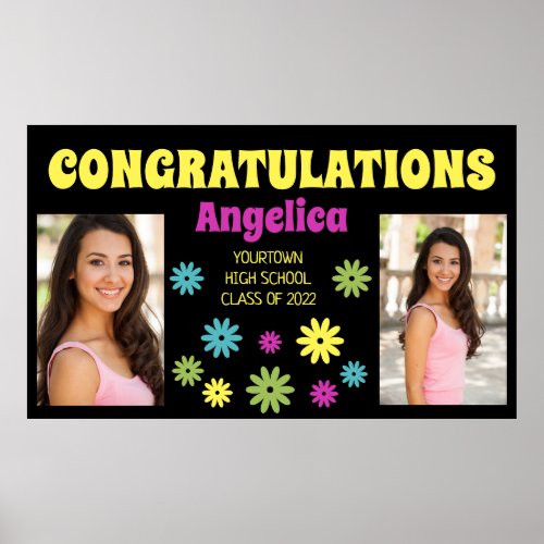 Colorful Retro Hippie Flowers 2 Photo Graduation Poster