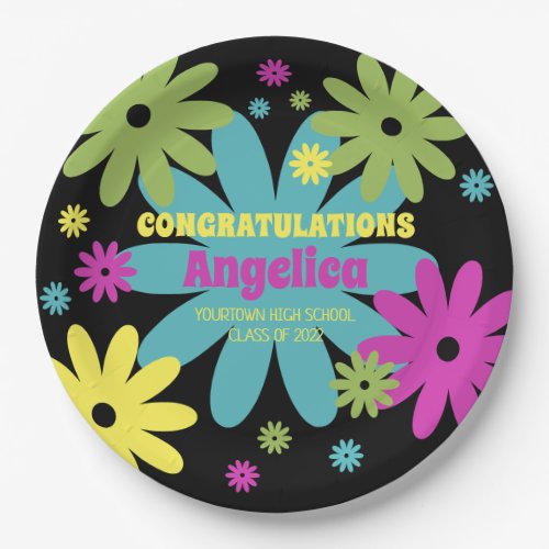 Colorful Retro Hippie Flowers Black Graduation Paper Plates