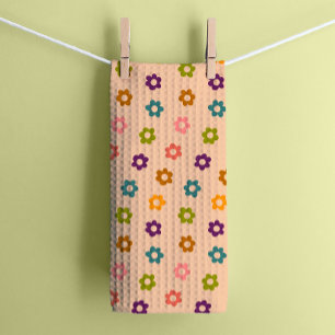 Colorful Retro Hippie Flowers on Cream Kitchen Towel