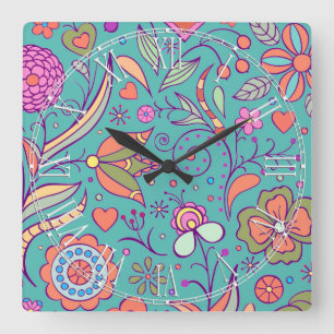 Colorful Retro Hippy Chic Flower Floral Square Wall Clock