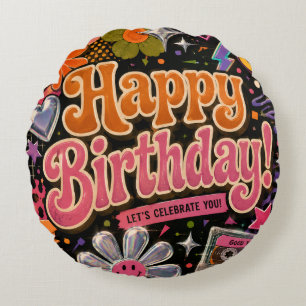 Colorful Retro-Inspired Design with Typography Round Pillow