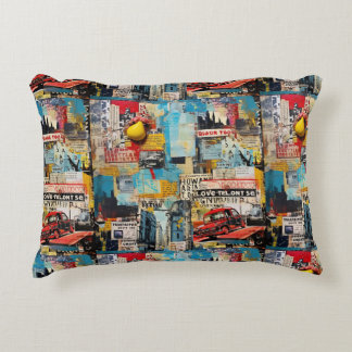 Colorful retro junk travel grunge style collage  accent pillow
