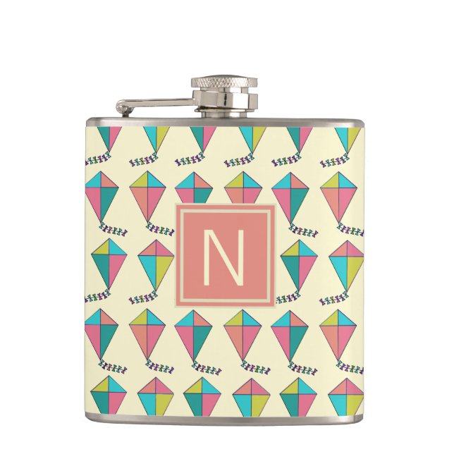 Colorful Retro Kite Pattern Monogram Flask (Front)