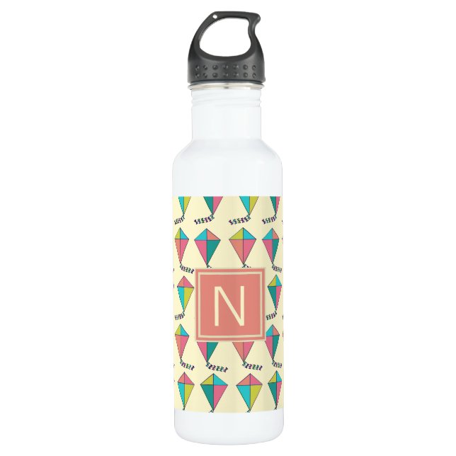 Colorful Retro Kite Pattern Monogram Stainless Steel Water Bottle (Front)