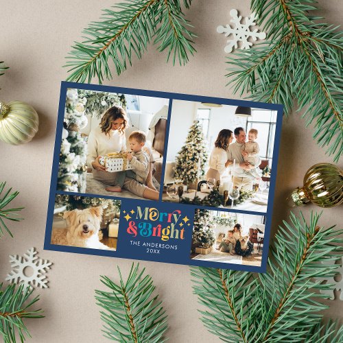 Colorful Retro Merry and Bright 4 Photo Christmas Holiday Postcard