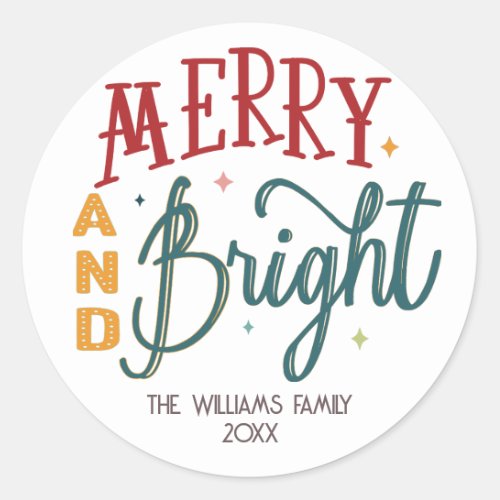 Colorful Retro Merry and Bright Christmas Classic Round Sticker