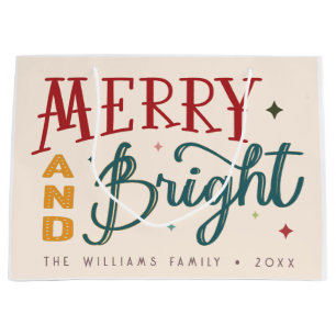 Colorful Retro Merry and Bright Christmas Large Gift Bag