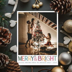 Colorful Retro Merry and Bright Cute Stars Holiday Card