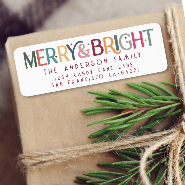 Colorful Retro Merry and Bright Cute Stars  Label (Creator Uploaded)