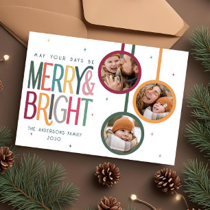 Colorful Retro Merry and Bright Photo Cute Stars Holiday Card