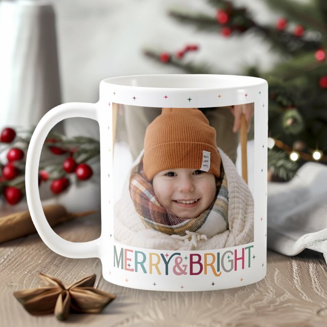 Colorful Retro Merry and Bright Stars Photo Coffee Mug (Creator Uploaded)