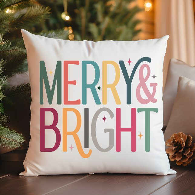 Colorful Retro Merry and Bright Stars Photo Throw Pillow (Creator Uploaded)
