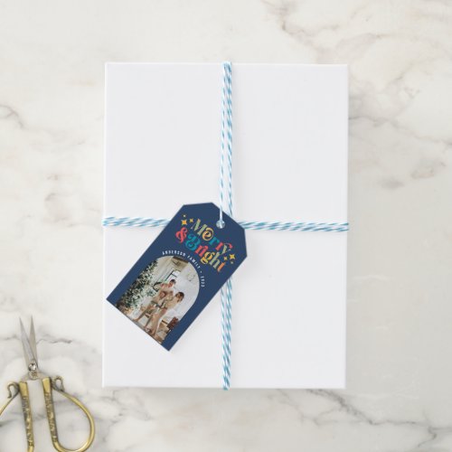 Colorful Retro Merry  Bright Christmas Photo Blue Gift Tags