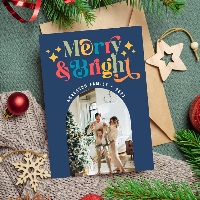 Colorful Retro Merry & Bright Christmas Photo Holiday Card
