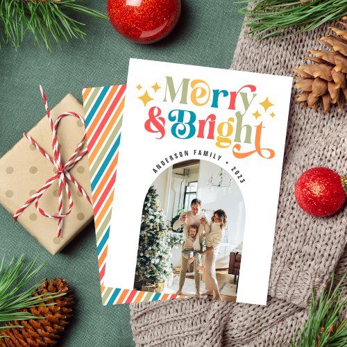 Colorful Retro Merry  Bright Christmas Photo Holiday Card