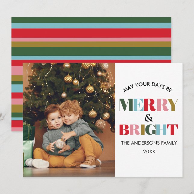 Colorful Retro Merry & Bright Christmas Photo Holiday Card (Front/Back)