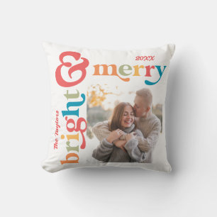 Colorful Retro Merry & Bright Christmas Photo Throw Pillow