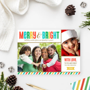 Colorful Retro Merry & Bright Multi Photo Collage Holiday Card