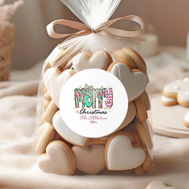 Colorful Retro  Merry Christmas Classic Round Sticker (Creator Uploaded)