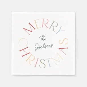 Colorful Retro Merry Christmas Family Name Napkins