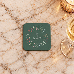 Colorful Retro Merry Christmas Family Name Square Paper Coaster