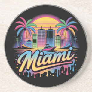 Colorful Retro Miami Vaporwave Travel Art Coaster
