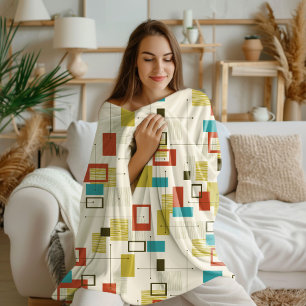 Colorful Retro Mid-Century Geometric Pattern Fleece Blanket