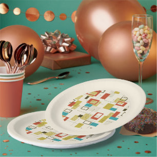 Colorful Retro Mid-Century Geometric Shapes Paper Plates