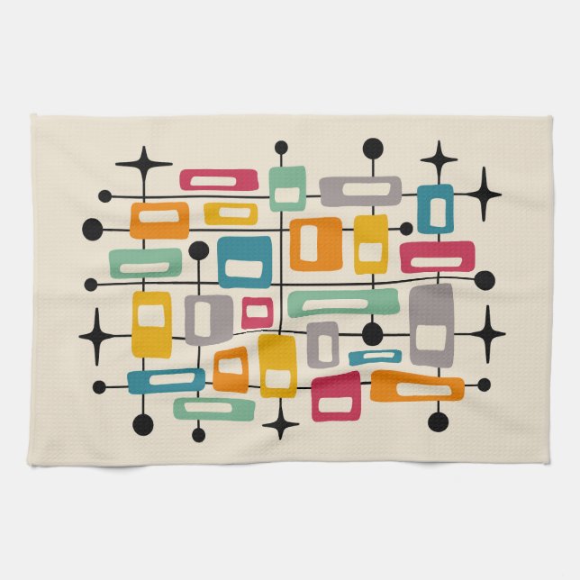 Colorful Retro Mid Century Modern Atomic Abstract Kitchen Towel (Horizontal)