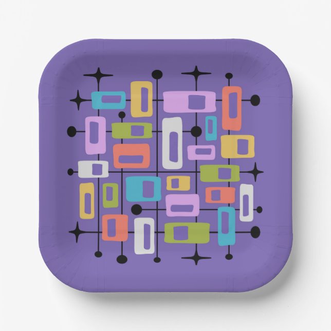 Colorful Retro Mid Century Modern Atomic Abstract Paper Plates (Front)