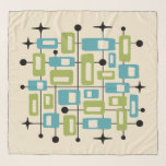Colorful Retro Mid Century Modern Atomic Abstract Scarf<br><div class="desc">A seamless mid-century modern pattern composed of rounded rectangles in olive green and turquoise, each containing off-white insets, floats across a cream background. These geometric forms are interwoven with a network of thin black lines, circular nodes, and four-pointed starbursts, creating a rhythmic grid of atomic-era connectivity. The composition balances organic...</div>
