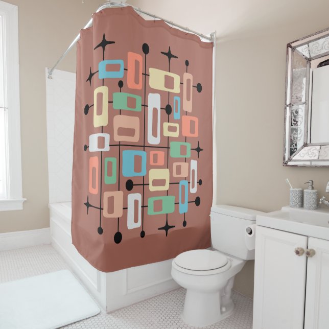 Colorful Retro Mid Century Modern Atomic Abstract Shower Curtain (In Situ)
