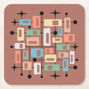 Colorful Retro Mid Century Modern Atomic Abstract Square Paper Coaster