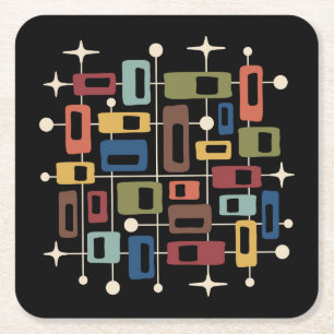 Colorful Retro Mid Century Modern Atomic Abstract Square Paper Coaster