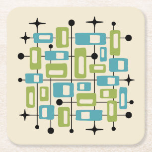 Colorful Retro Mid Century Modern Atomic Abstract Square Paper Coaster