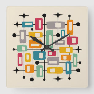 Colorful Retro Mid Century Modern Atomic Abstract Square Wall Clock