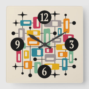 Colorful Retro Mid Century Modern Atomic Abstract Square Wall Clock