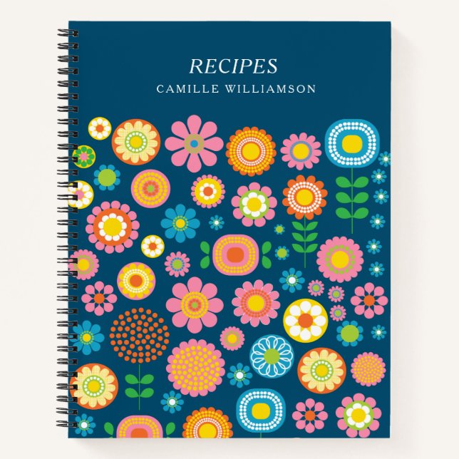 Colorful Retro Mod Geometric Flowers Custom Recipe Notebook (Front)